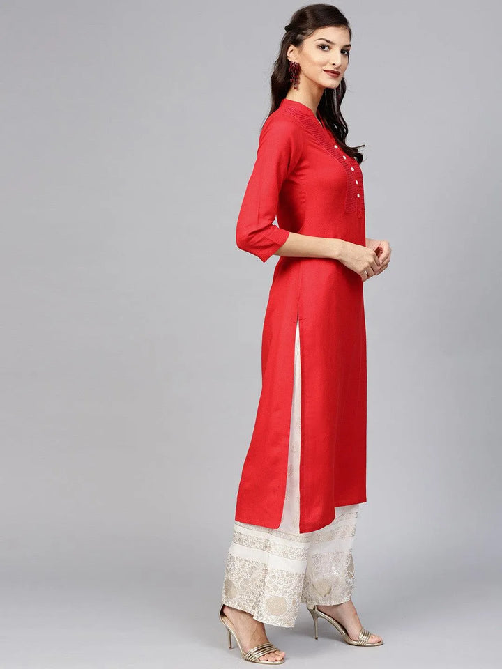 Red Embroidered Rayon Kurta - Libas