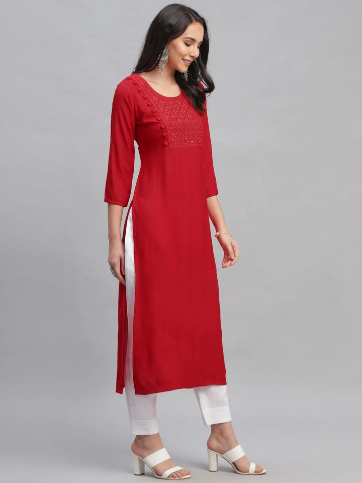 Red Embroidered Rayon Kurta - Libas