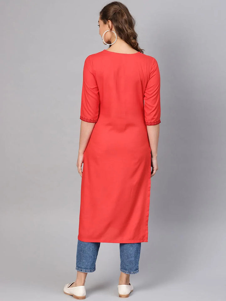 Red Embroidered Rayon Kurta - Libas