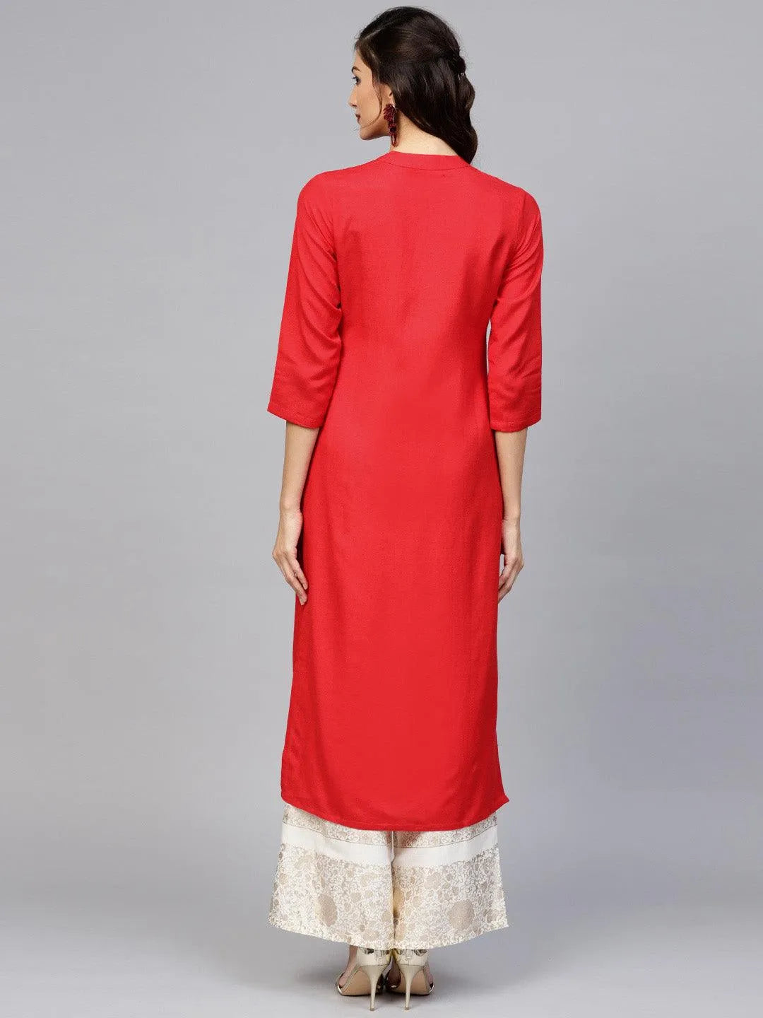 Red Embroidered Rayon Kurta - Libas