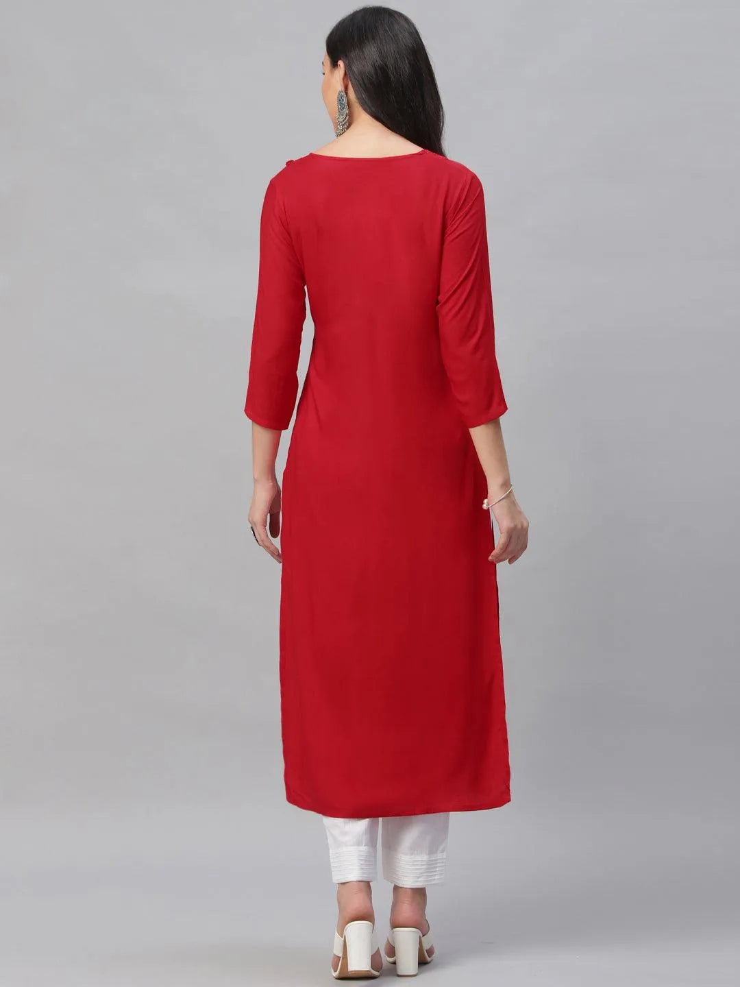 Red Embroidered Rayon Kurta - Libas