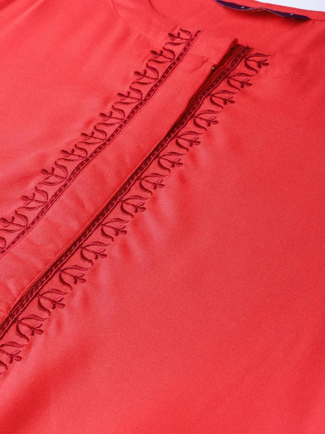 Red Embroidered Rayon Kurta - Libas