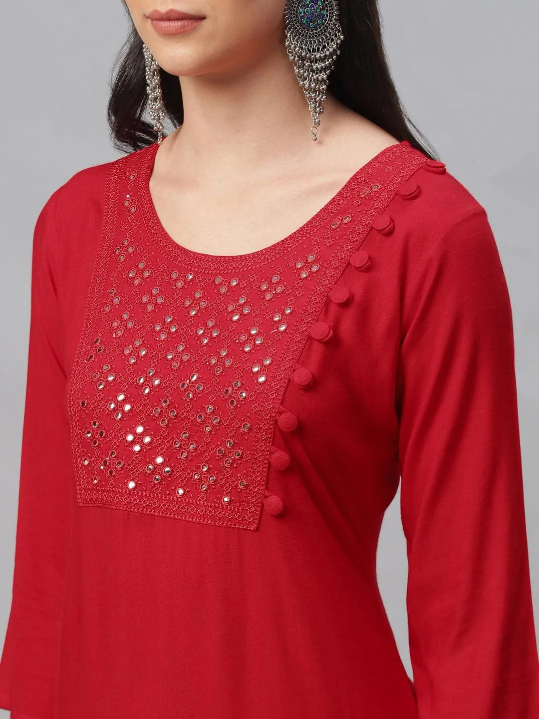 Red Embroidered Rayon Kurta - Libas