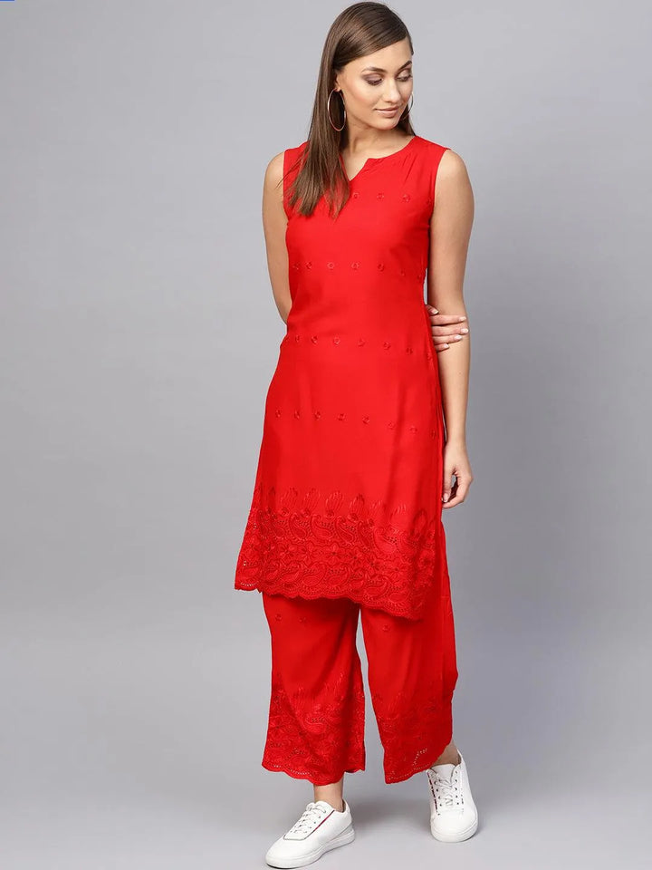 Red Embroidered Rayon Kurta Set - Libas