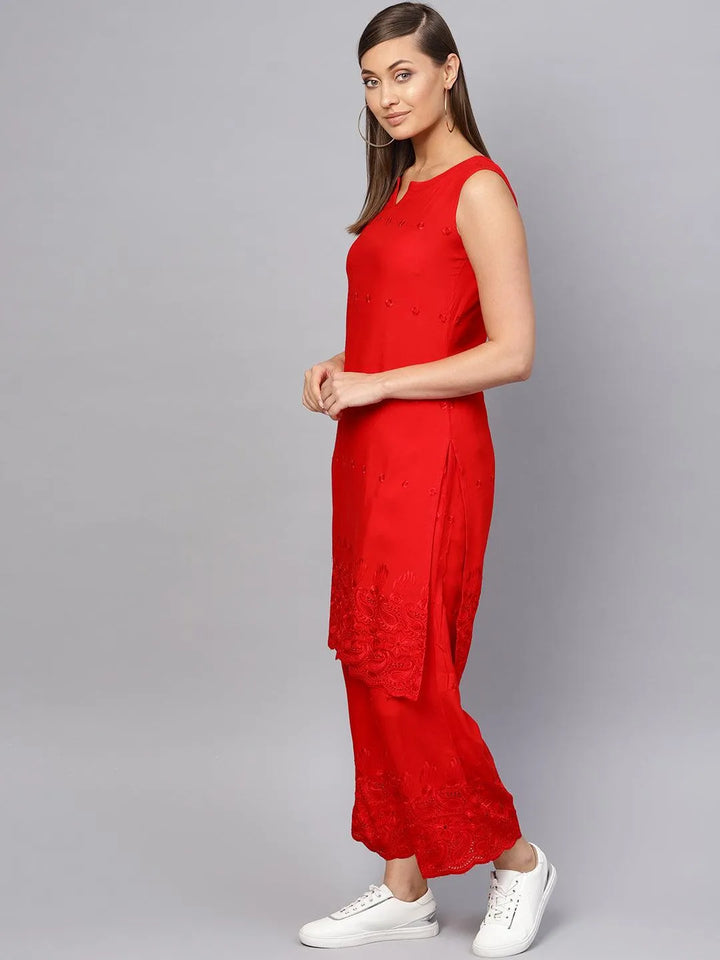 Red Embroidered Rayon Kurta Set - Libas