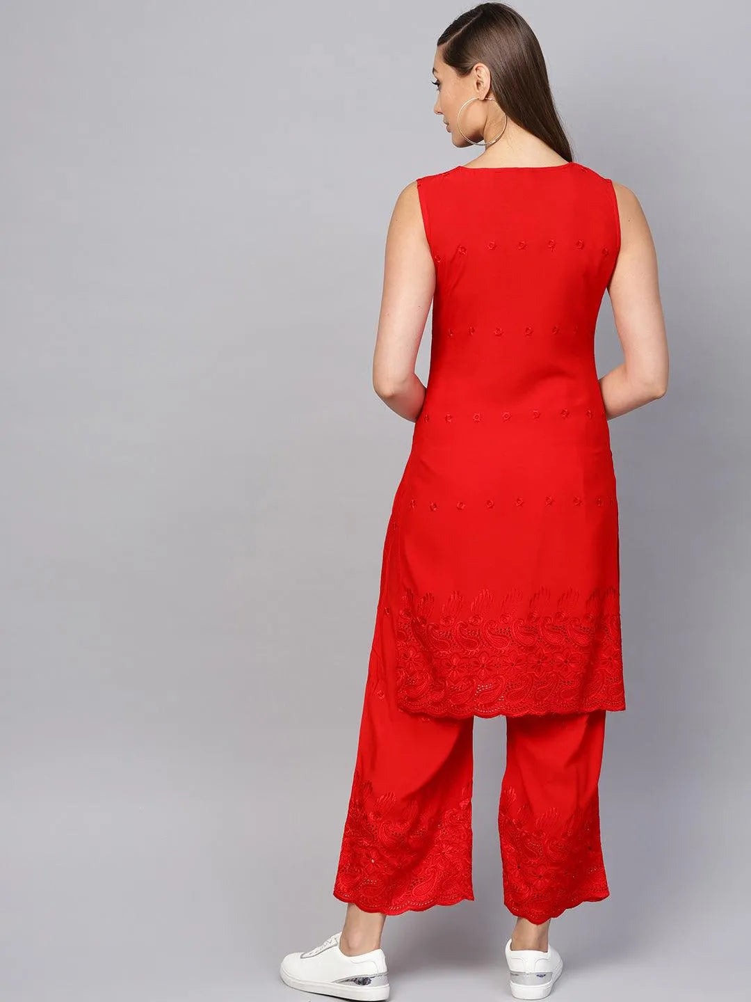 Red Embroidered Rayon Kurta Set - Libas