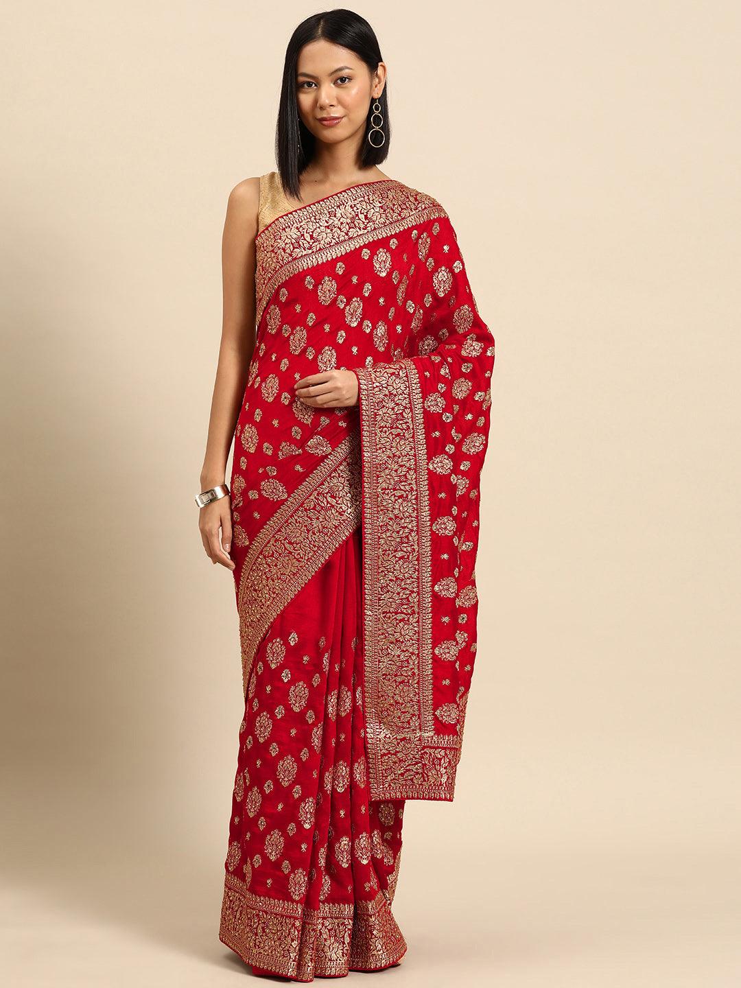 Red Embroidered Silk Blend Saree - Libas