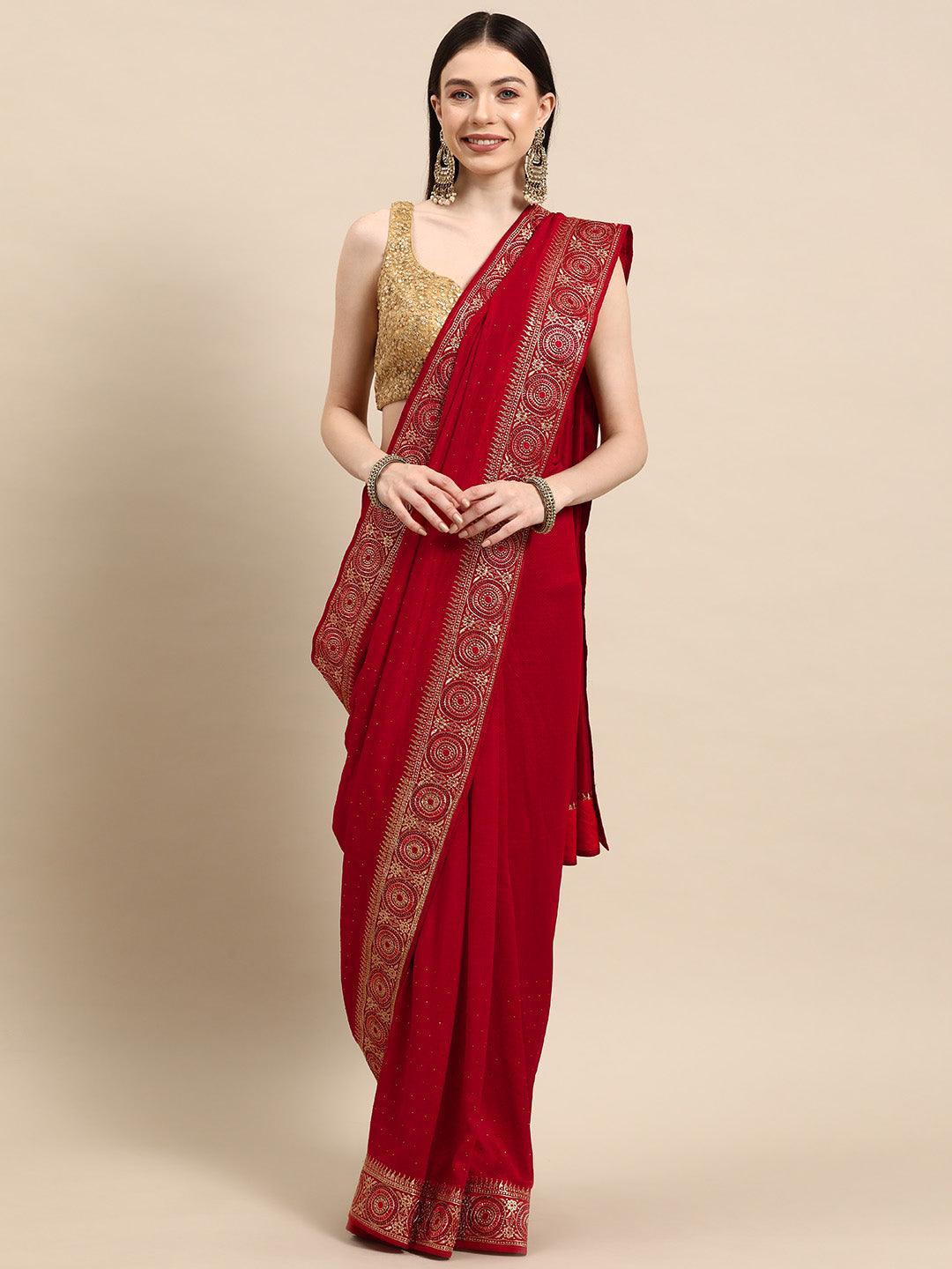 Red Embroidered Silk Blend Saree - Libas