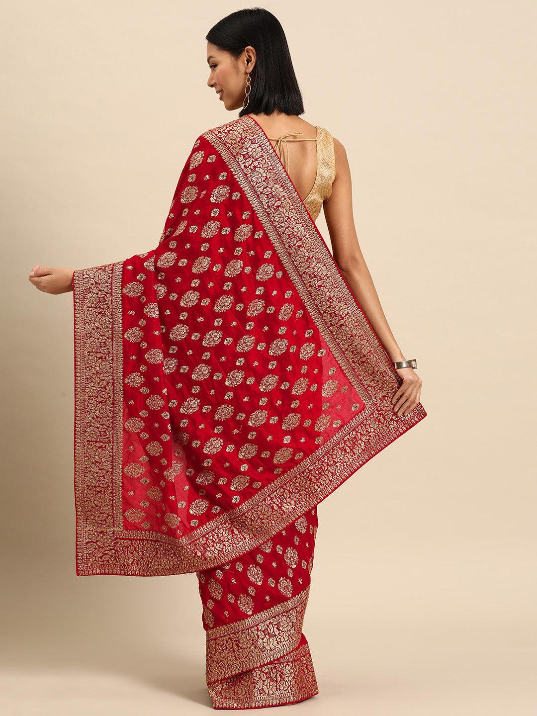 Red Embroidered Silk Blend Saree - Libas