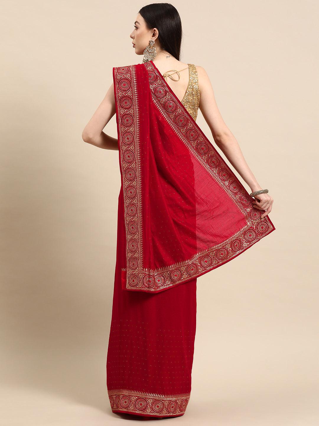 Red Embroidered Silk Blend Saree - Libas