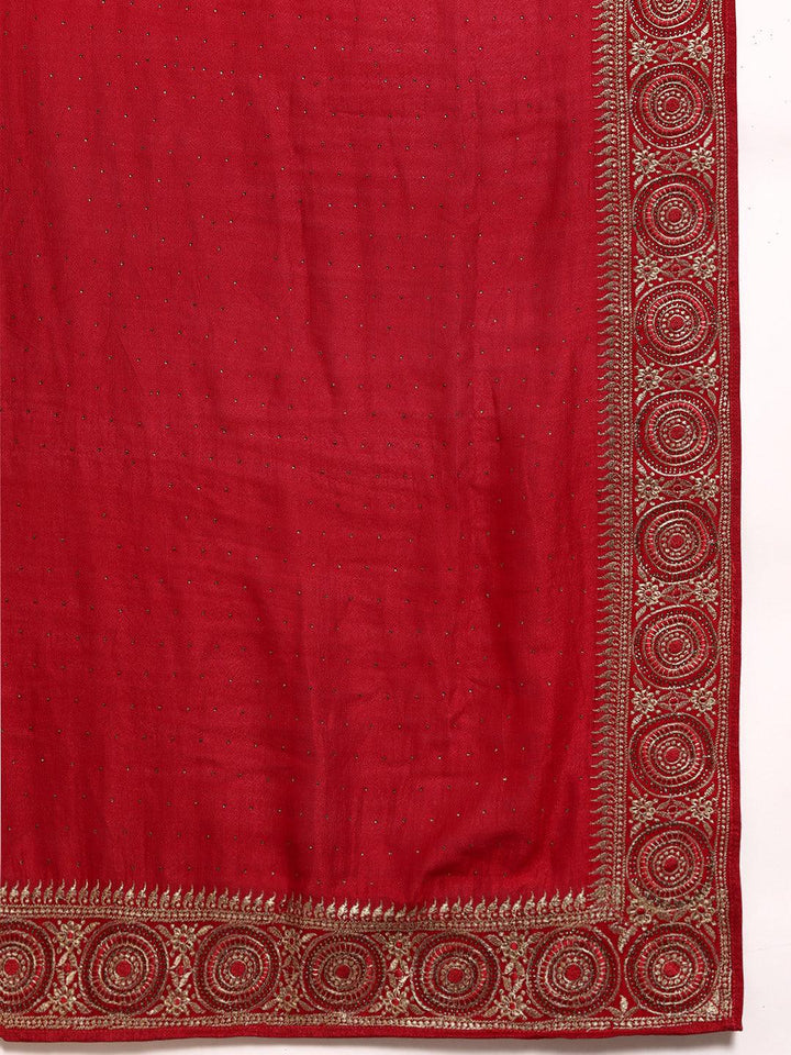 Red Embroidered Silk Blend Saree - Libas