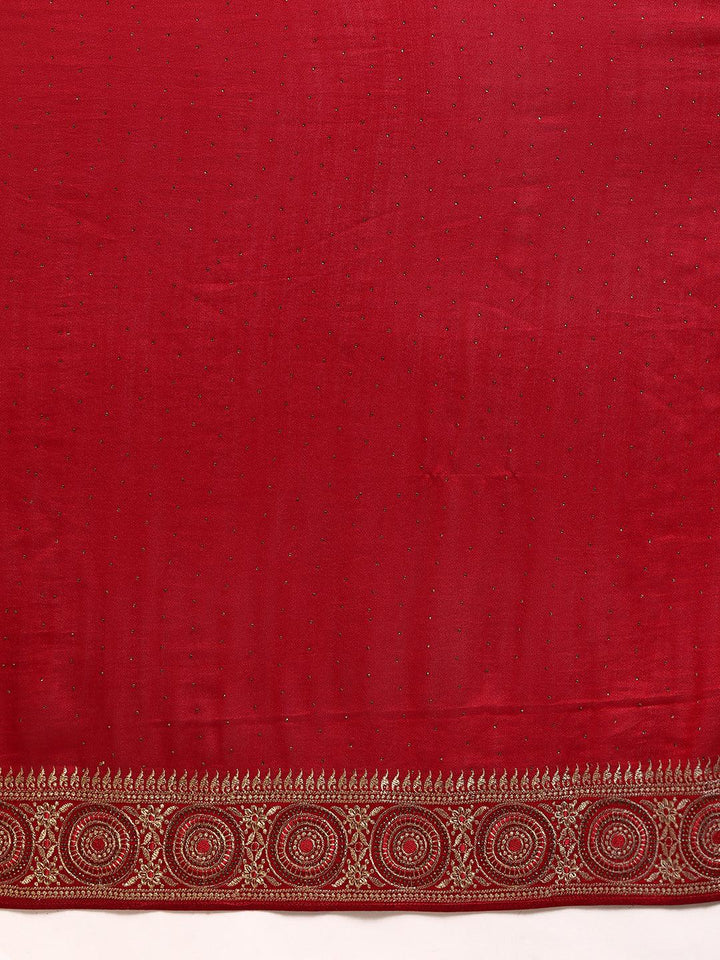 Red Embroidered Silk Blend Saree - Libas