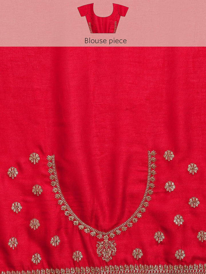 Red Embroidered Silk Blend Saree - Libas