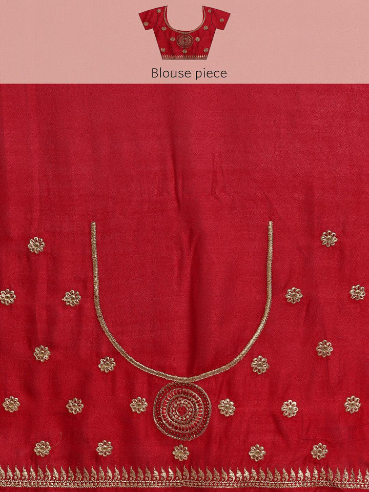 Red Embroidered Silk Blend Saree - Libas