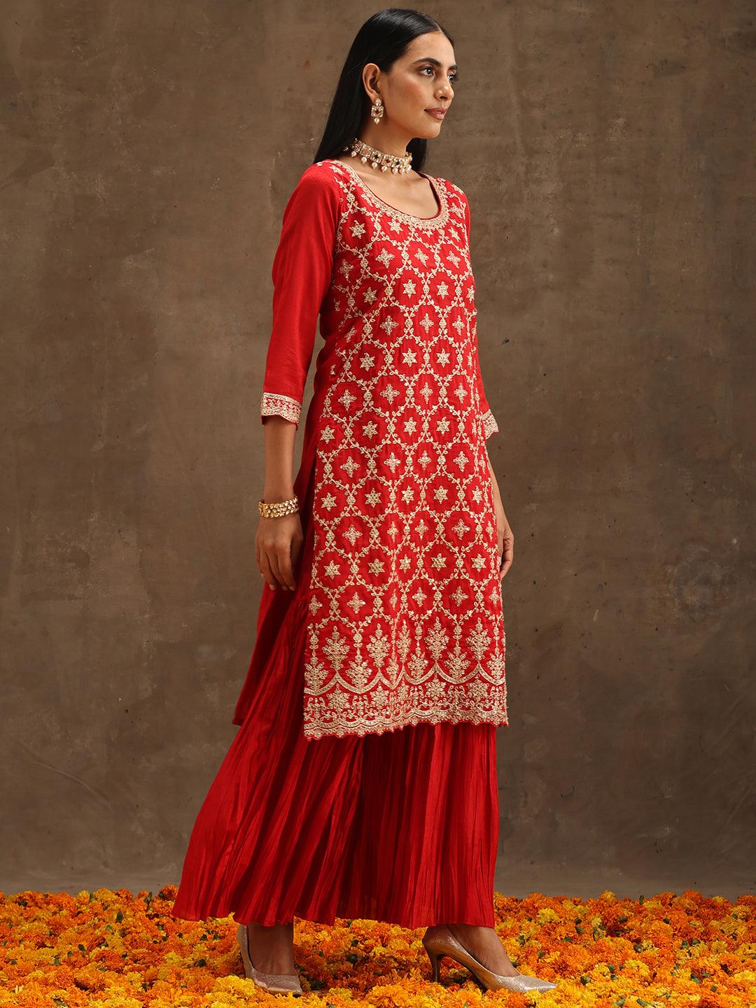 Red Embroidered Silk Blend Straight Kurta With Sharara & Dupatta