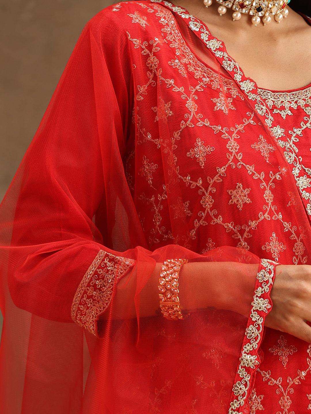 Red Embroidered Silk Blend Straight Kurta With Sharara & Dupatta