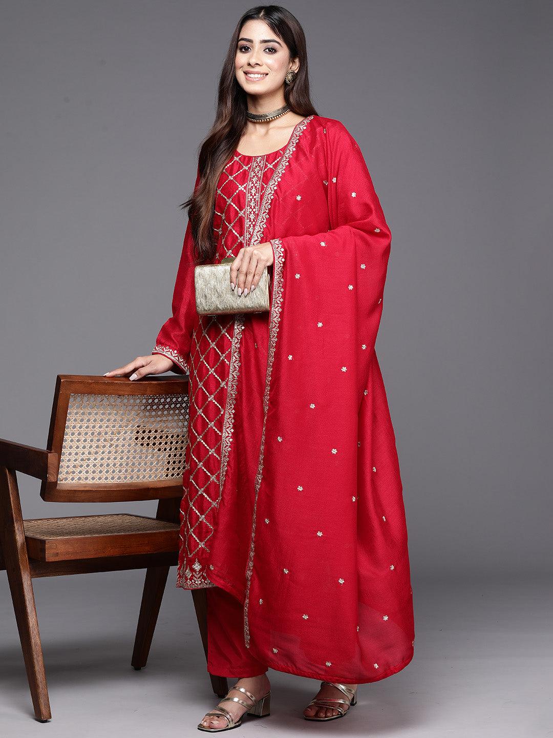 Red Embroidered Silk Blend Straight Kurta With Trousers & Dupatta - Libas