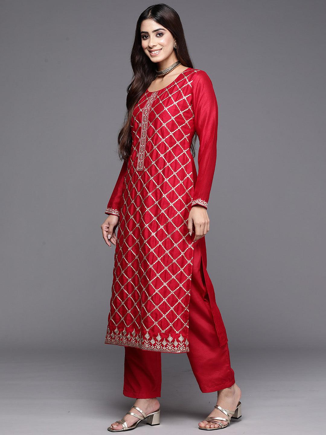 Red Embroidered Silk Blend Straight Kurta With Trousers & Dupatta - Libas