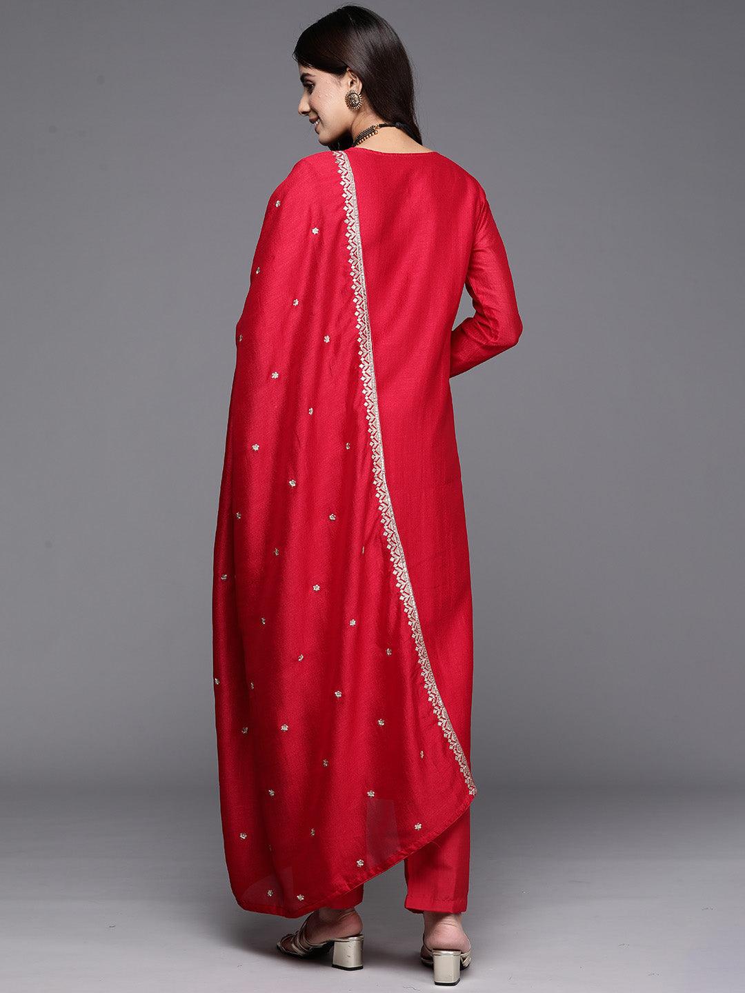 Red Embroidered Silk Blend Straight Kurta With Trousers & Dupatta - Libas