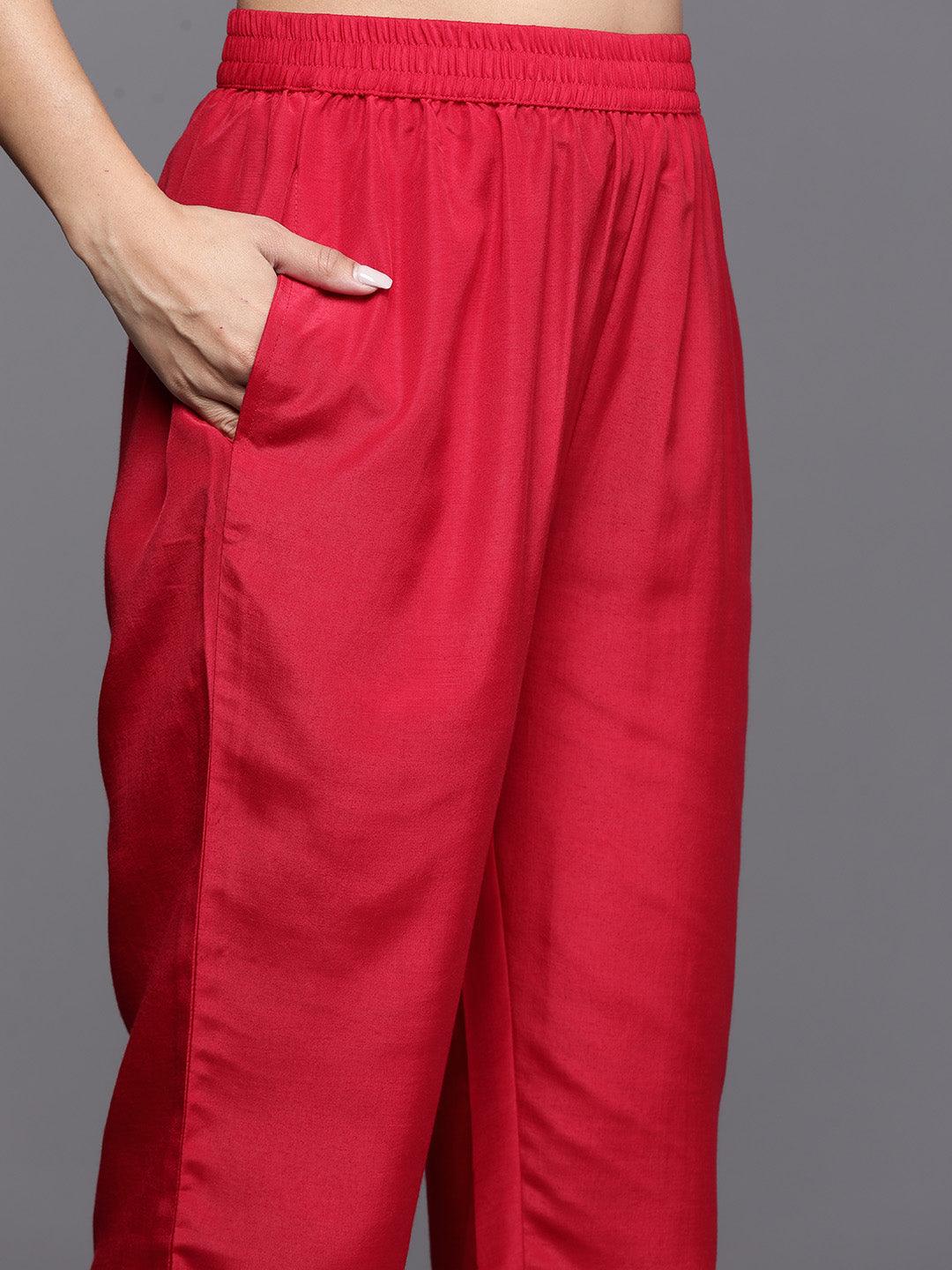 Red Embroidered Silk Blend Straight Kurta With Trousers & Dupatta - Libas