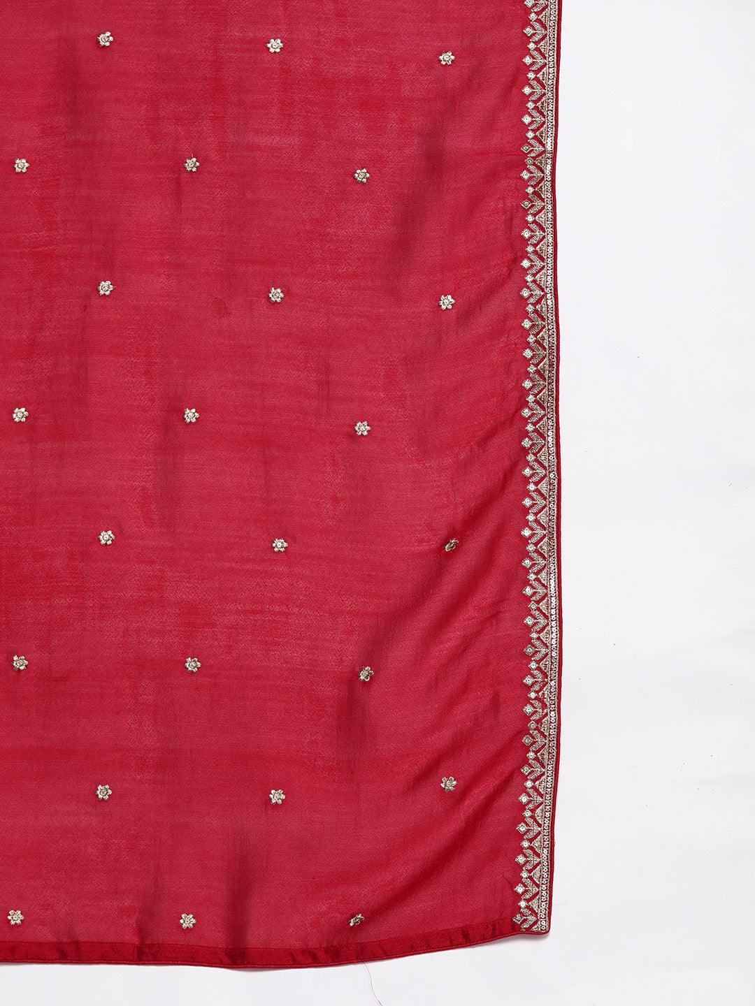 Red Embroidered Silk Blend Straight Kurta With Trousers & Dupatta - Libas