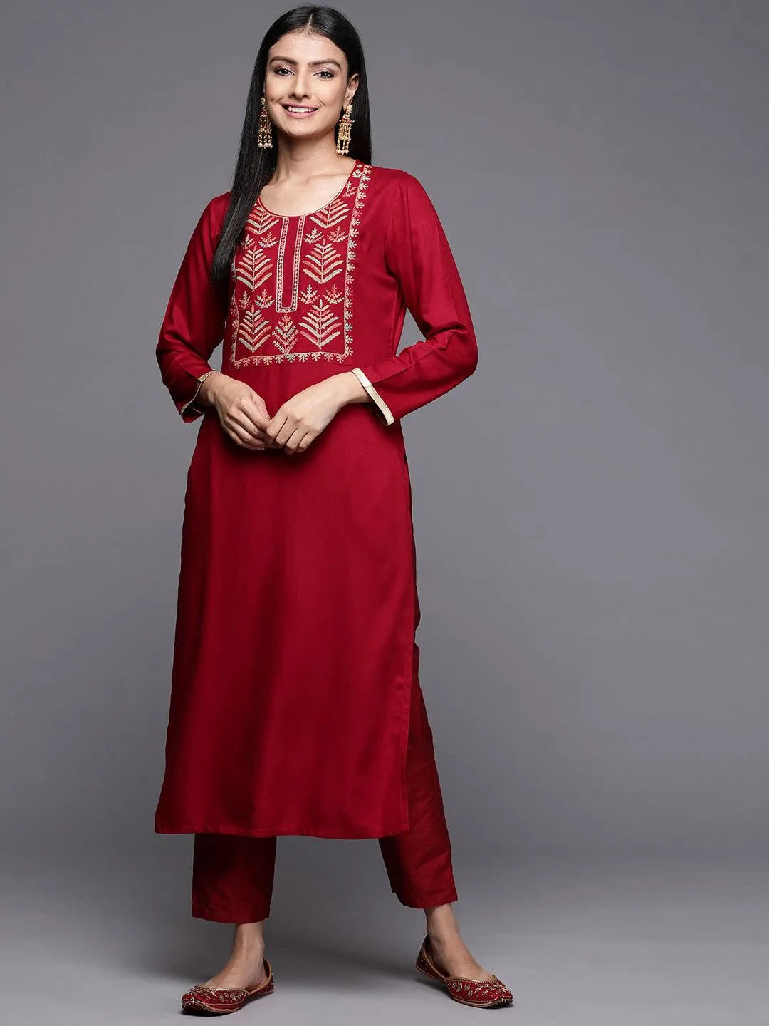 Red Embroidered Wool Pashmina Straight Kurta - Libas