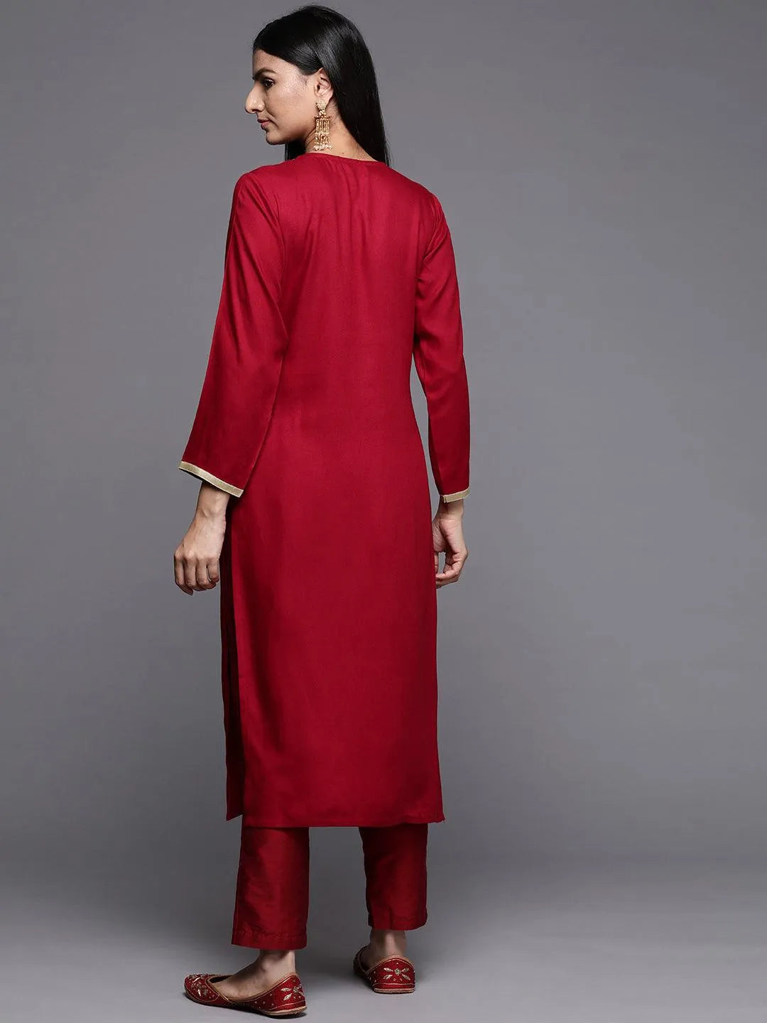 Red Embroidered Wool Pashmina Straight Kurta - Libas