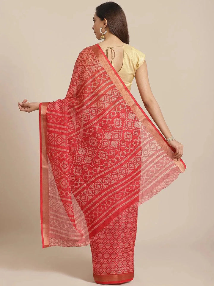 Red Printed Chiffon Saree - Libas