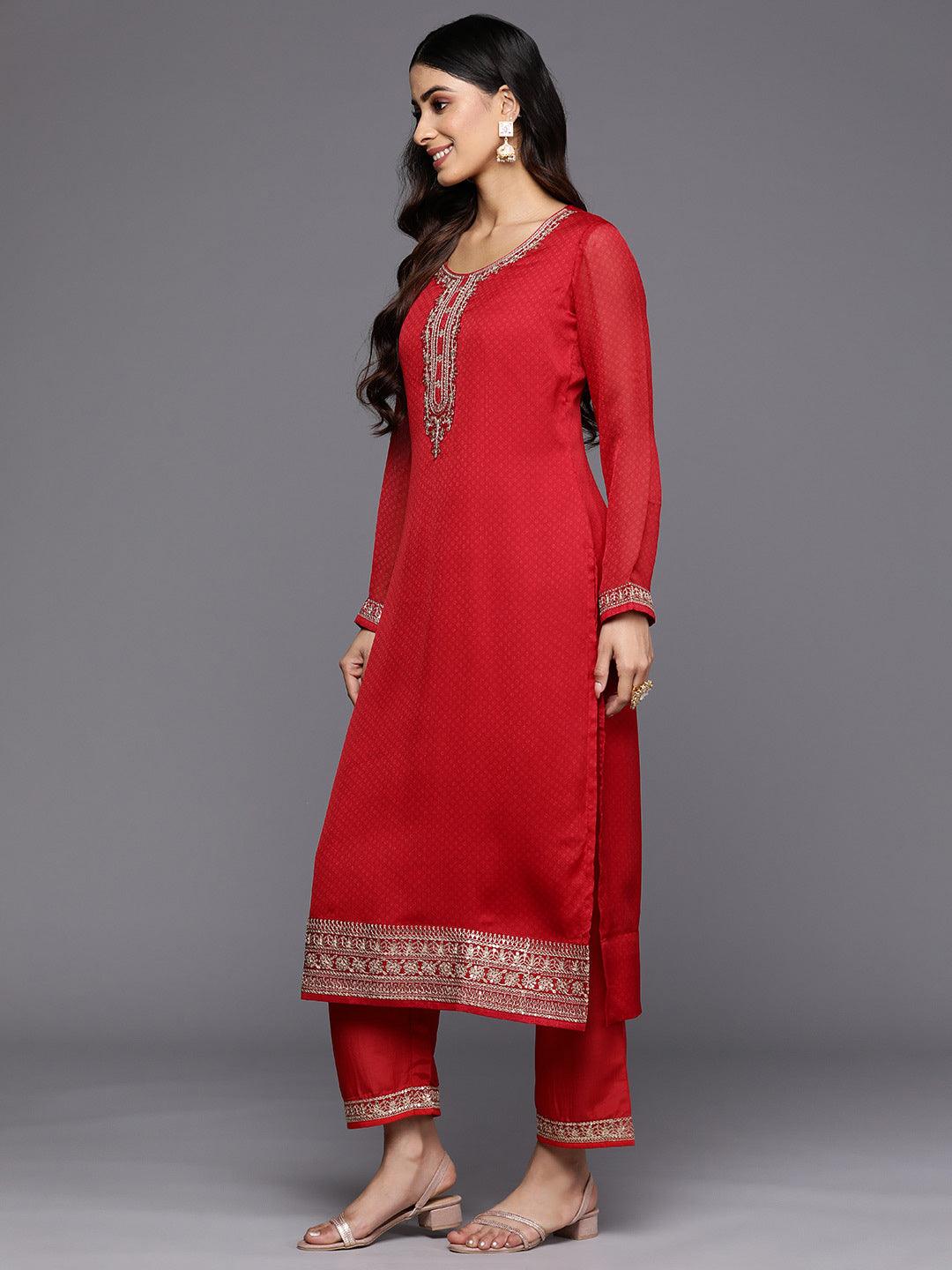 Red Printed Chiffon Straight Suit Set With Trousers - Libas