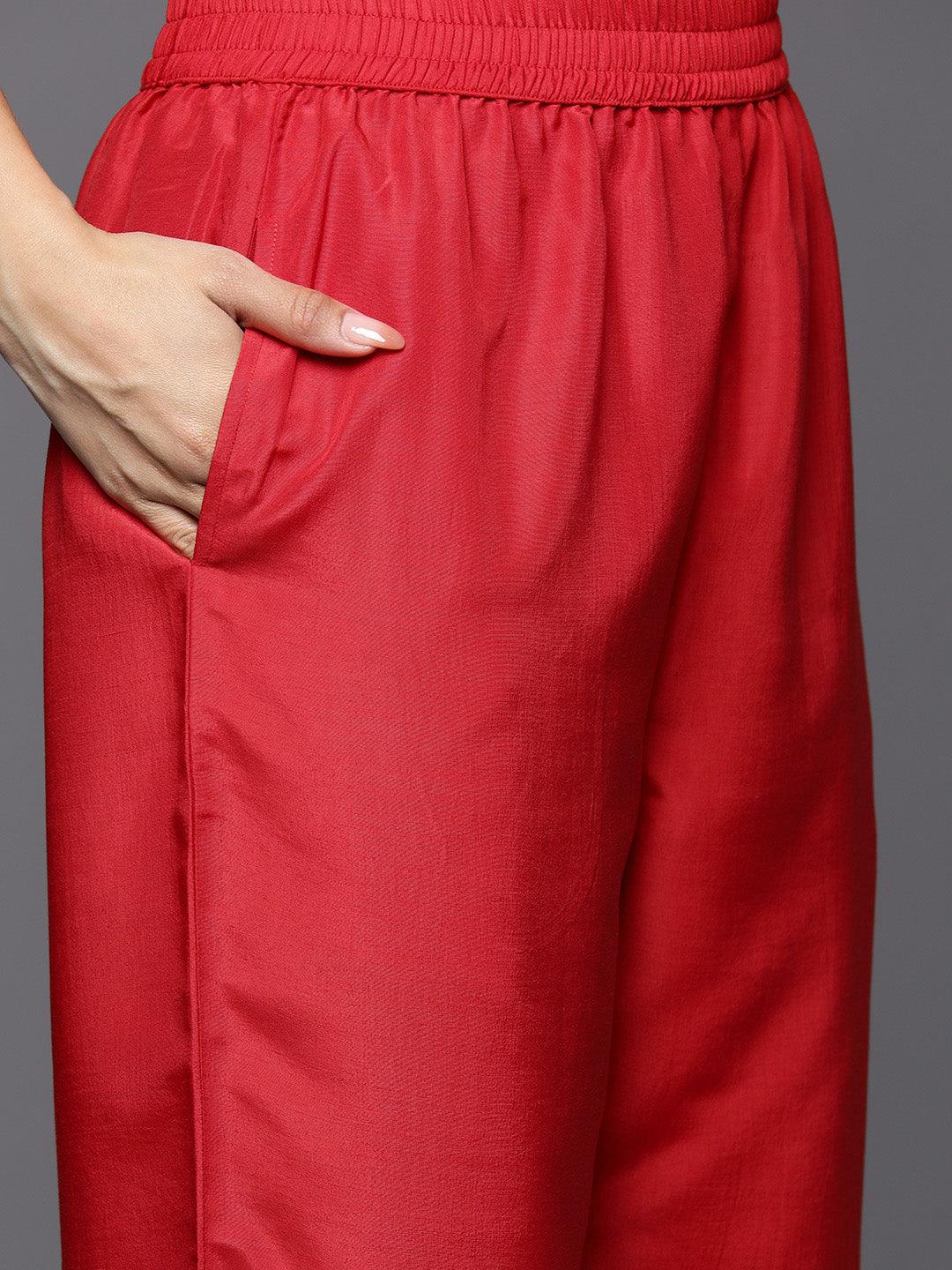Red Printed Chiffon Straight Kurta With Trousers & Dupatta