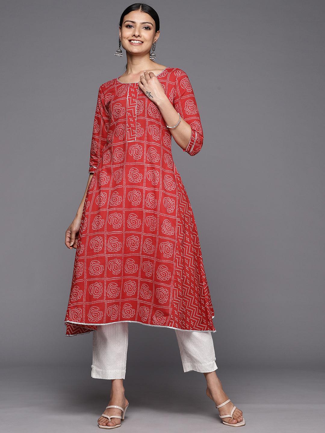 Red Printed Cotton A-Line Kurta - Libas