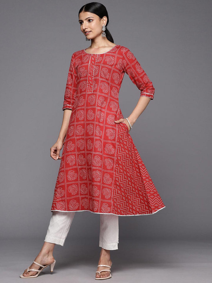 Red Printed Cotton A-Line Kurta - Libas