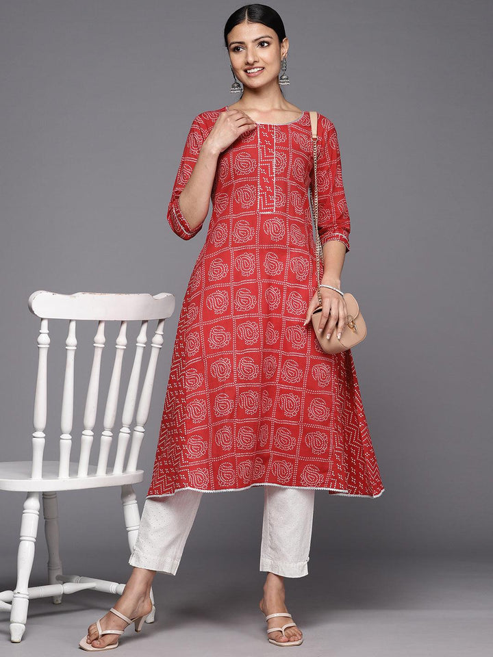 Red Printed Cotton A-Line Kurta - Libas