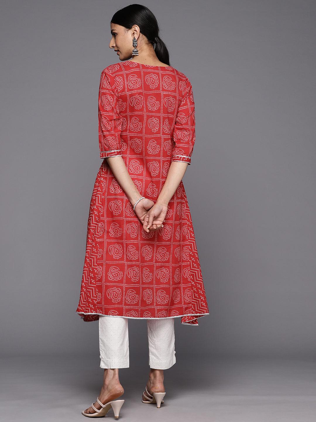 Red Printed Cotton A-Line Kurta - Libas