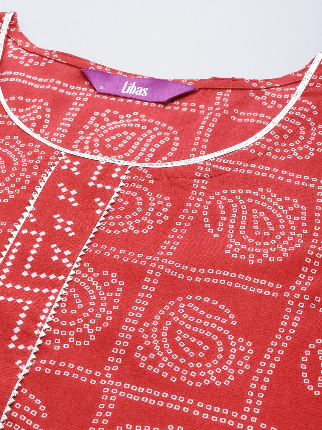 Red Printed Cotton A-Line Kurta - Libas