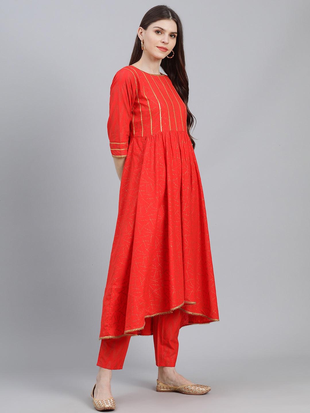 Red Printed Cotton A-Line Kurta With Dupatta