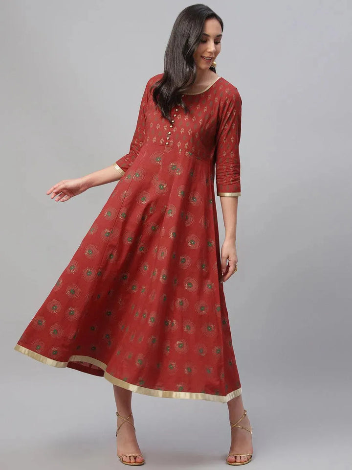 Red Printed Cotton Dress - Libas