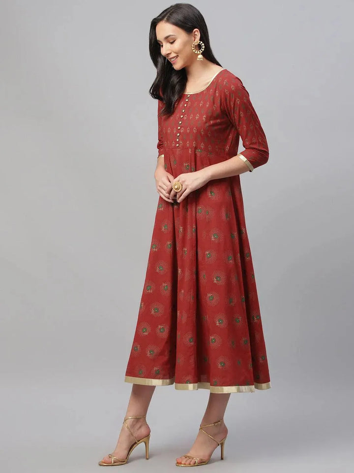 Red Printed Cotton Dress - Libas