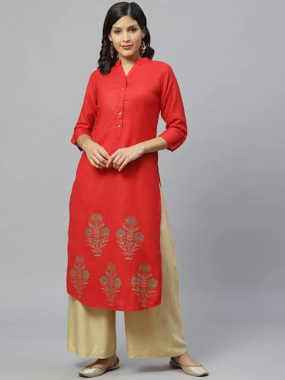 Red Printed Cotton Kurta - Libas 