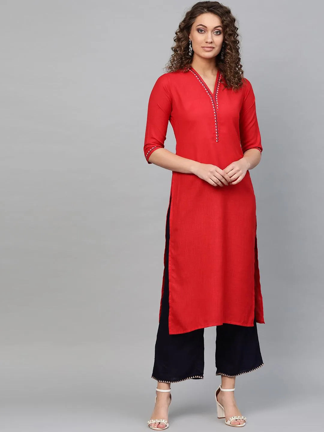 Red Printed Cotton Kurta - Libas