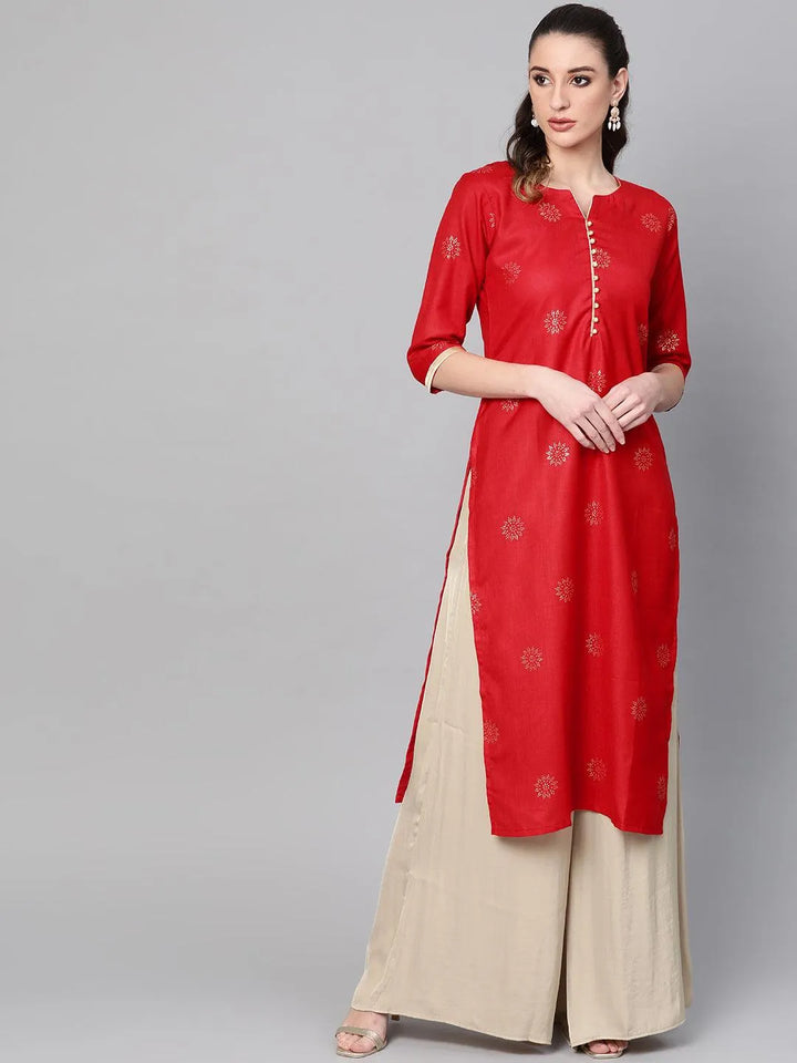 Red Printed Cotton Kurta - Libas