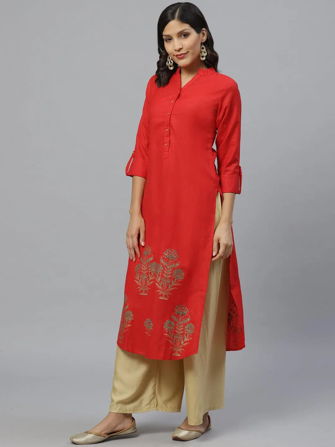 Red Printed Cotton Kurta - Libas 