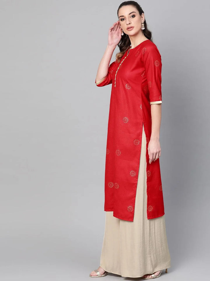 Red Printed Cotton Kurta - Libas