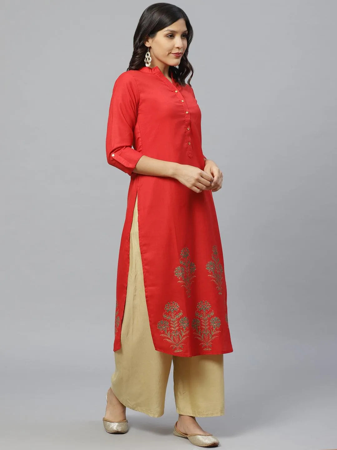 Red Printed Cotton Kurta - Libas 