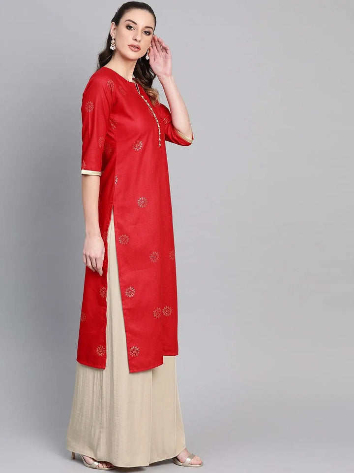 Red Printed Cotton Kurta - Libas