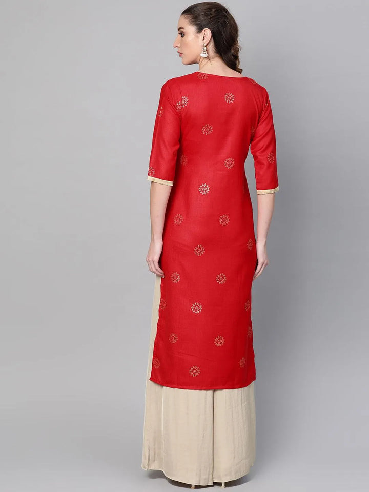 Red Printed Cotton Kurta - Libas