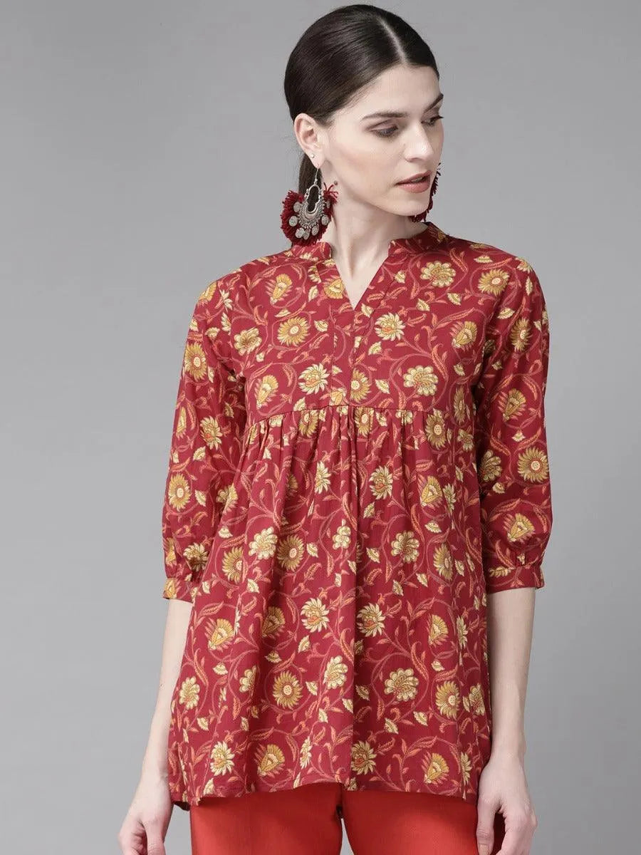 Red Printed Cotton Kurti - Libas