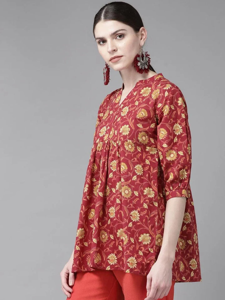 Red Printed Cotton Kurti - Libas