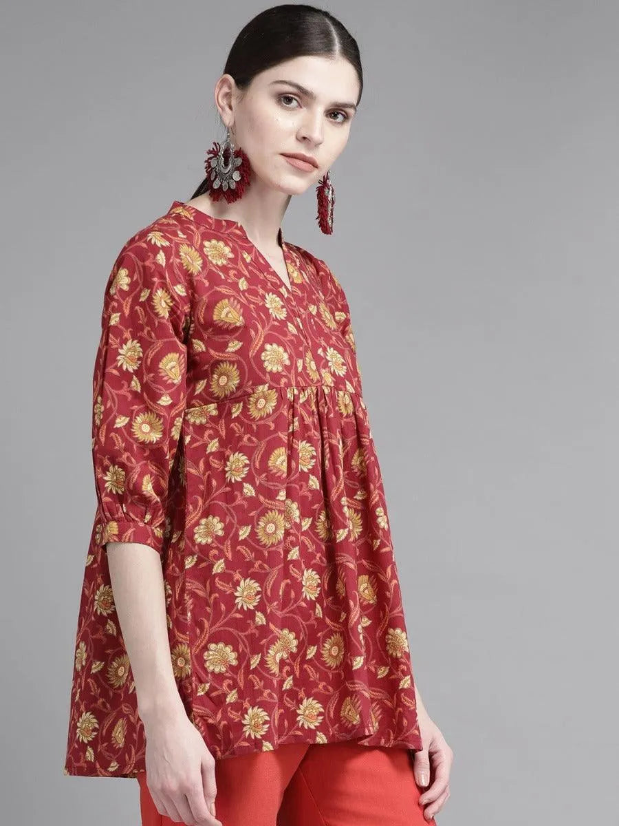 Red Printed Cotton Kurti - Libas