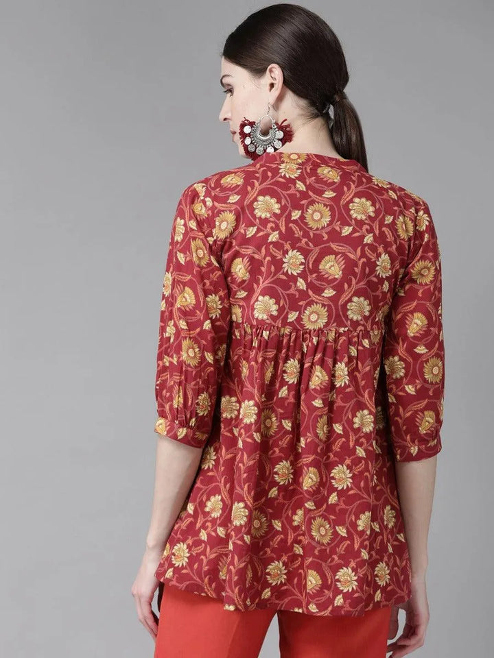 Red Printed Cotton Kurti - Libas